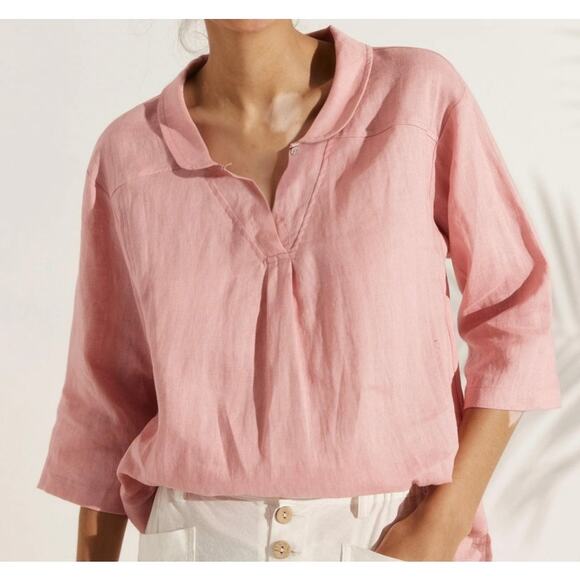 Linitco JADE Linen V-Neck Top Shawl Collar Pink Size L Relaxed Chic High-Low - Picture 3 of 7